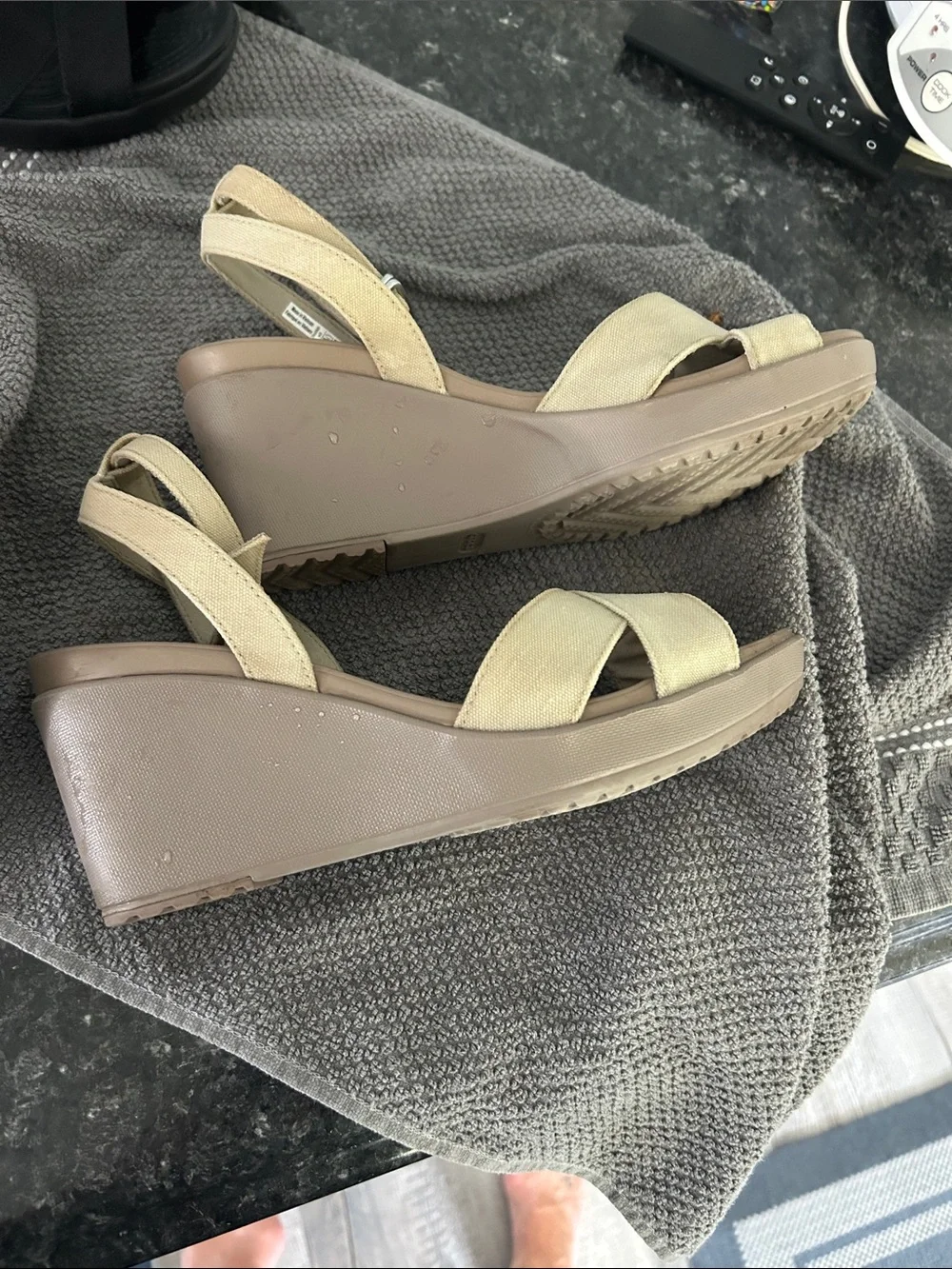 CROCS Tan Canvas Ankle-Strap Wedge Sandals